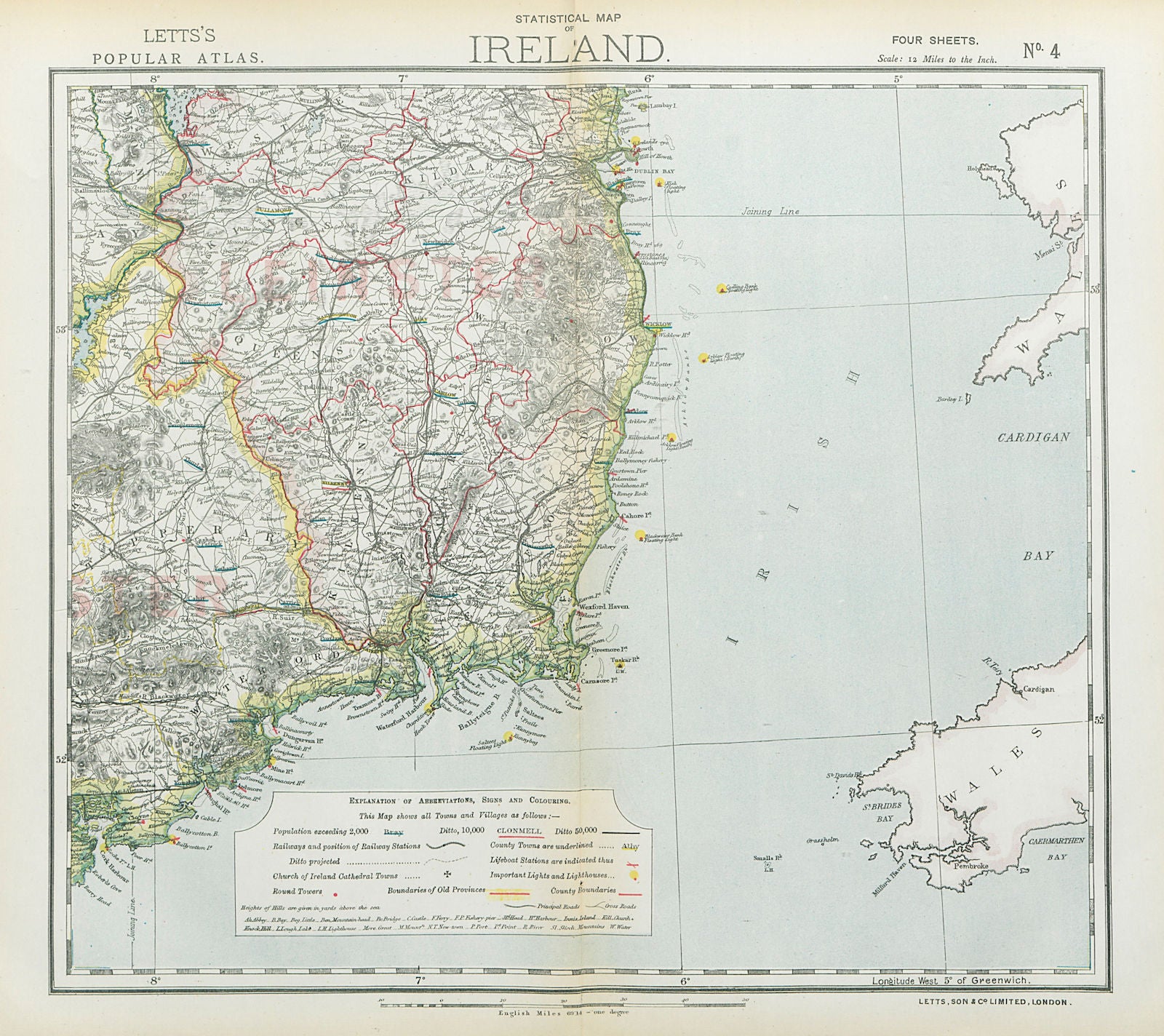 SE IRELAND LEINSTER. Lighthouses Lifeboat stations Round towers. LETTS 1883 map